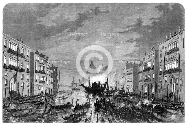 Procession of funeral gondolas with the body of Daniel Manin, on the Grand Canal, Venice, 1868. Creator: Unknown.