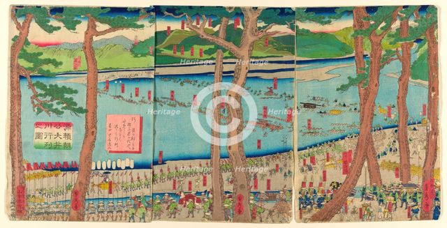 Procession of Minamoto no Yoritomo across the Oi River (Minamoto Yoritomo ko Oikawa..., 1863. Creator: Sadahide Utagawa.
