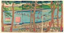 Procession of Minamoto no Yoritomo across the Oi River (Minamoto Yoritomo ko Oikawa..., 1863. Creator: Sadahide Utagawa