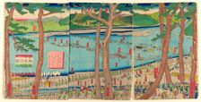 Procession of Minamoto no Yoritomo across the Oi River (Minamoto Yoritomo ko Oikawa..., 1863. Creator: Sadahide Utagawa