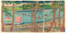 Procession of Minamoto no Yoritomo across the Oi River (Minamoto Yoritomo ko Oikawa..., 1863. Creator: Sadahide Utagawa