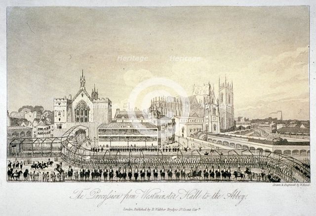 Procession outside Westminster Hall, London, 1821.                                Artist: W Read
