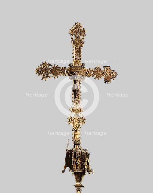Processional cross, front, made of gilded silver, wood and glazed plates, from the Church of Sant…