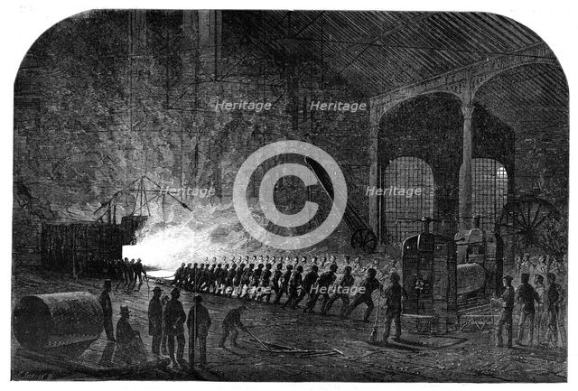 Process of rolling armour-plates for Her Majesty's ships at the Atlas Steelworks, Sheffield, 1861. Creator: Mason Jackson.