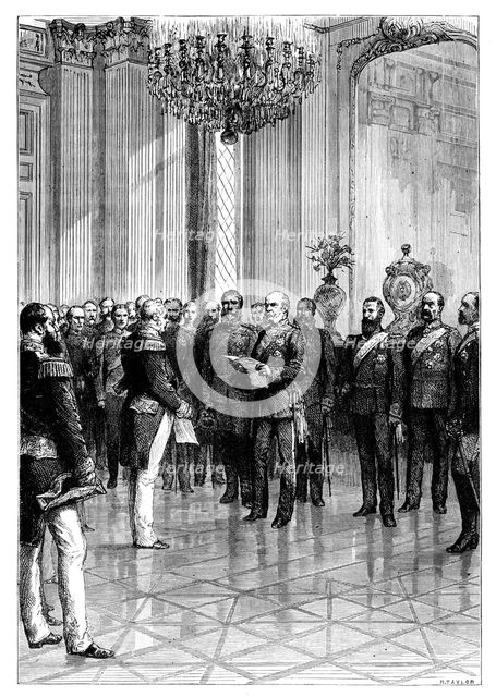 Proclaiming Kaiser Wilhelm I as first German Emperor, Versailles, 1871 (late 19th century). Artist: R Taylor