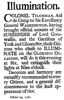 Proclamation of illuminations commemorating the surrender of General Cornwallis, 1781 (c1880)