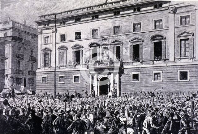 Proclamation of the Republic in 1873, Sant Jaume Square in Barcelona on February 21, 1873, engrav…