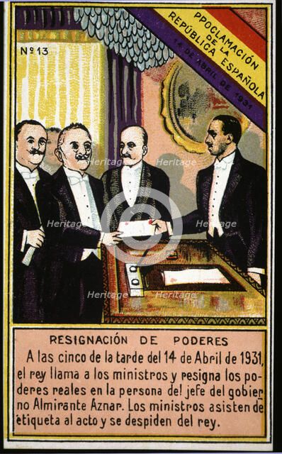 Proclamation of the Second Republic, resignation of Alphonse XIII royal powers to prime minister …