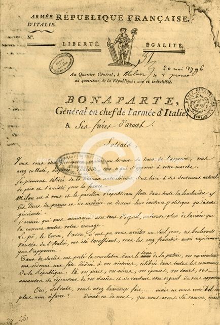 Proclamation by Napoleon to his 'brothers in arms', 20 May 1796, (1921). Creator: Unknown.