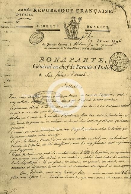 Proclamation by Napoleon to his 'brothers in arms', 20 May 1796, (1921). Creator: Unknown.