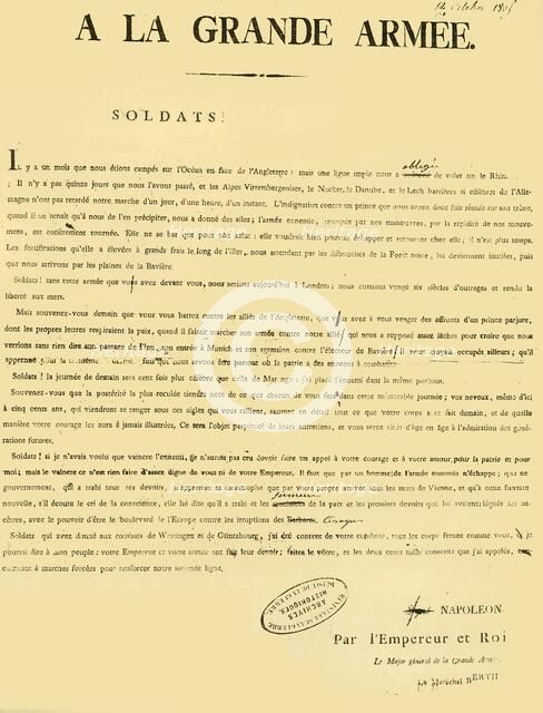 Proclamation to the army, 13 October 1805, (1921). Creator: Unknown.