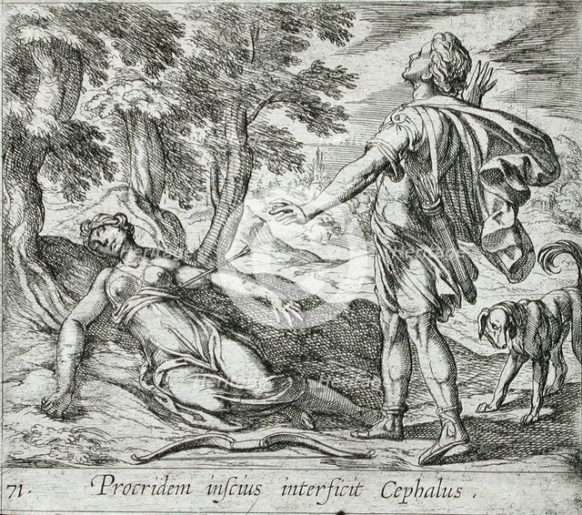 Procris Killed by Cephalus's Javelin, published 1606. Creators: Antonio Tempesta, Wilhelm Janson.