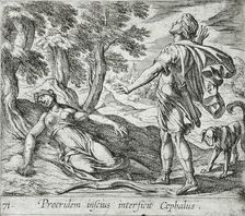 Procris Killed by Cephalus's Javelin, published 1606. Creators: Antonio Tempesta, Wilhelm Janson