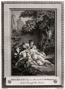 Procris Killed by an arrow which Cephalus darted through the thicket 1775. Artist: W Walker