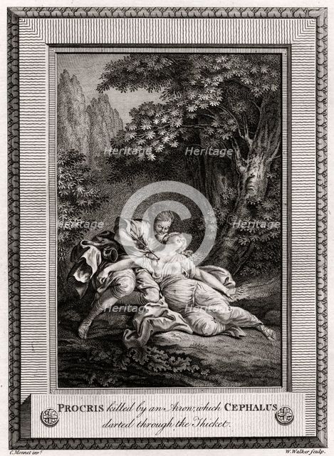'Procris Killed by an arrow which Cephalus darted through the thicket', 1775. Artist: W Walker