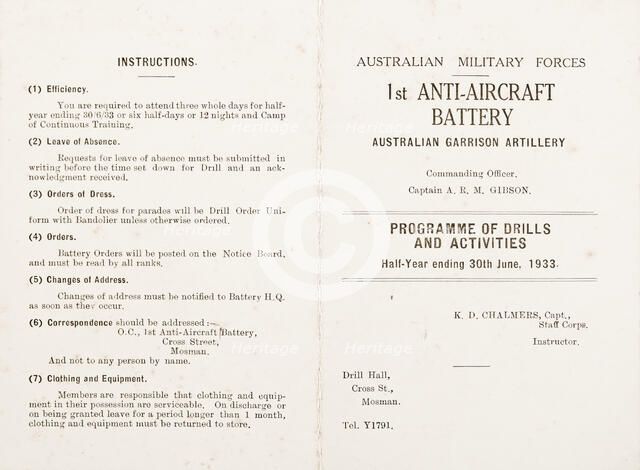 Programme of Drills and Activities, half year ending 30th June, 1933 for Australian Military Forces. Creator: Murphy.