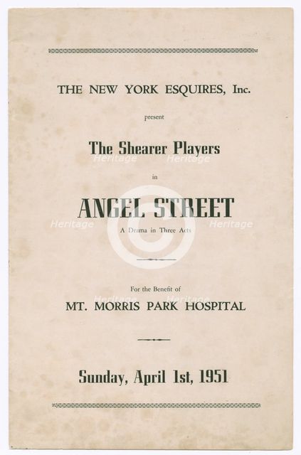 Programme for the Shearer Players' production of Angel Street, 1951. Creator: Unknown.