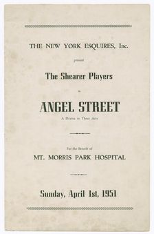 Programme for the Shearer Players production of Angel Street, 1951. Creator: Unknown