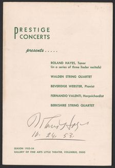 Programme from a concert featuring Roland Hayes, 1953. Creator: Unknown
