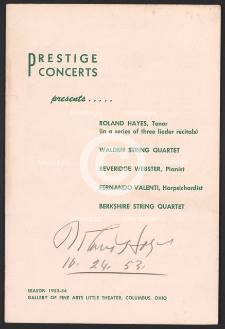 Programme from a concert featuring Roland Hayes, 1953. Creator: Unknown.