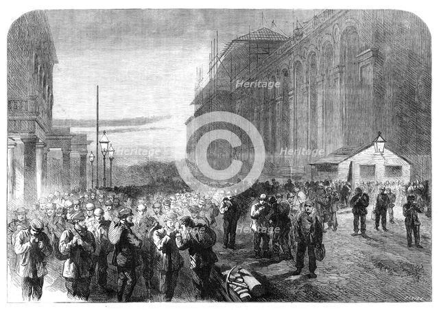 Progress of the Great International Exhibition building: the workmen leaving the grounds, 1861. Creator: Frederick John Skill.