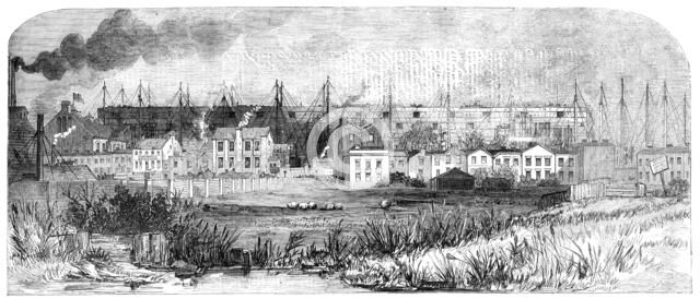 Progress of the Great Ship, building at Millwall, for the Eastern Steam Navigation Company, 1856.  Creator: Unknown.