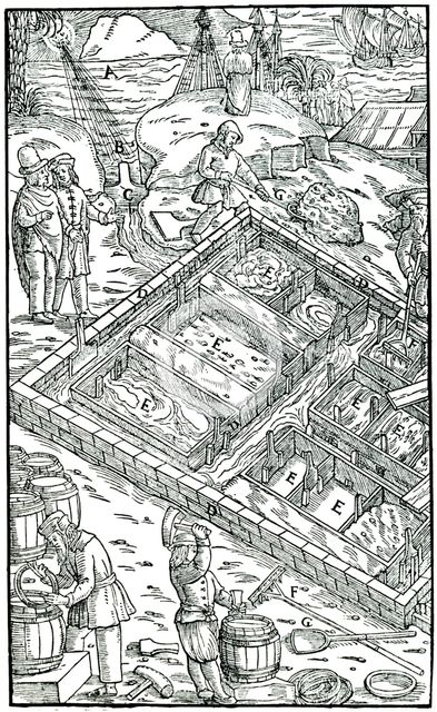 Producing salt by evaporating sea water in salt pans, 1556.  Creator: Unknown.