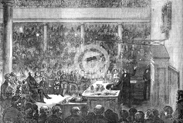 Professor Faraday lecturing at the Royal Institution, before H.R.H. Prince Albert, the Prince of Wal Creator: Unknown.