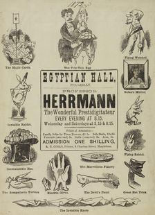 Professor Herrmann, The Wonderful Prestidigitateur, at the Egyptian Hall, 1872. Creator: Unknown