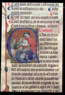 Professor teaching to young students, miniature of the work Gesta Romanorum page 24, by Maximo…