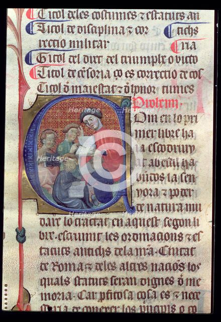 Professor teaching to young students, miniature of the work 'Gesta Romanorum', page 24, by Maximo…