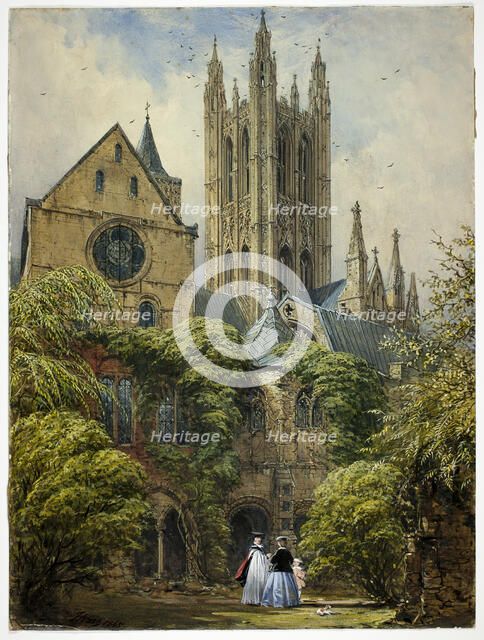 Professor, Woman, Child and Dog in Cathedral Close, 1860/65. Creator: Joseph Nash.