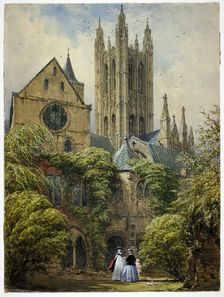 Professor, Woman, Child and Dog in Cathedral Close, 1860/65. Creator: Joseph Nash