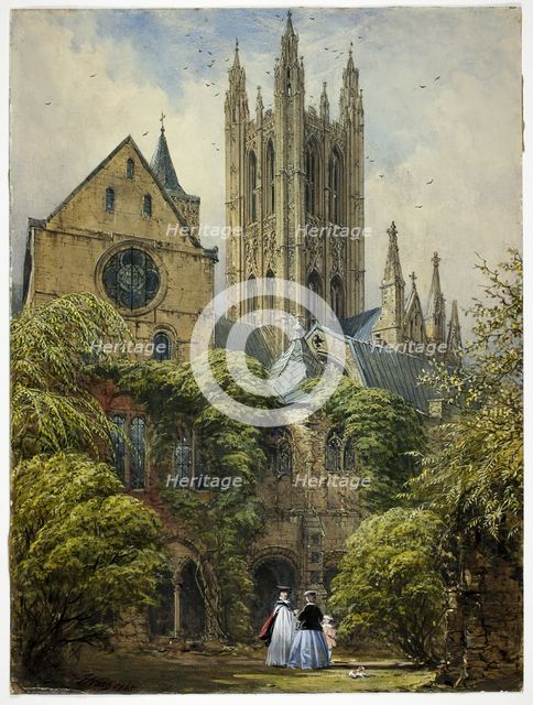Professor, Woman, Child and Dog in Cathedral Close, 1860/65. Creator: Joseph Nash.