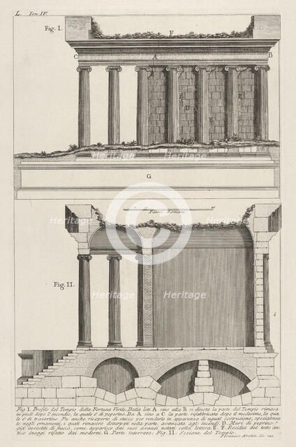 Profile of the Temple of Fortuna Virilis (Profilo del Tempio della Fortuna Virile), and se..., 1756. Creator: Giovanni Battista Piranesi.