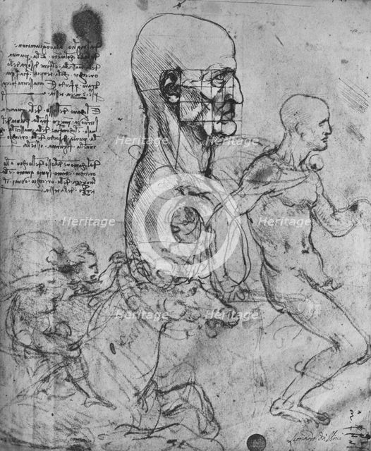 'Profile of a Man Squared for Proportion and Studies of Horsemen', c1480 (1945). Artist: Leonardo da Vinci.