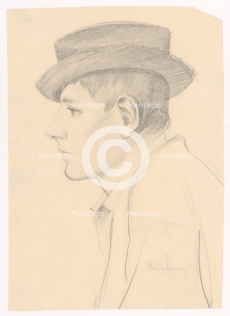 Profile of a young man in a round dark hat, 1880-1910. Creator: Ladislav Mednyanszky.