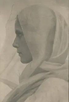 Profile portrait of woman draped with a veil, c1900. Creator: Amelia Van Buren