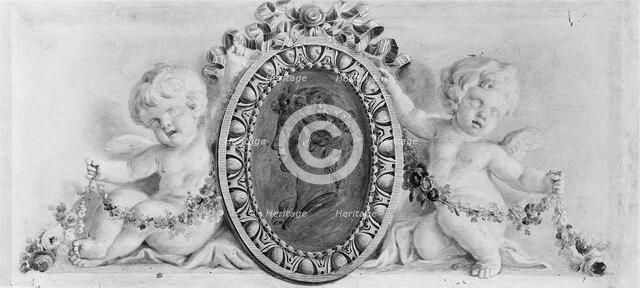 Profile portrait of a woman in a medallion supported by putti, 18th century. Creator: Unknown.