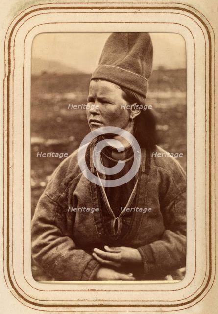 Profile portrait of Inga Kajsa Granström, 22 years old, Tuorpon Sami village, 1868.  Creator: Lotten von Duben.