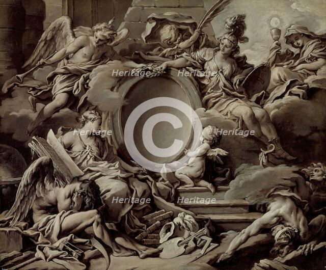 Project for a Cartouche: An Allegory of Minerva, Fame, History and Faith Overcomin..., c1727. Creator: Francois Boucher.