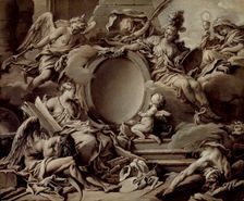 Project for a Cartouche: An Allegory of Minerva, Fame, History and Faith Overcomin..., c1727. Creator: Francois Boucher