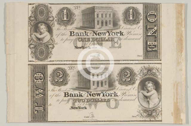 Proofs of Bank of New York One Dollar Bill and Two Dollar Bill, 1824-27. Creators: Cyrus Durand, Asher Brown Durand.