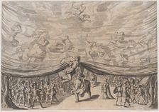 Prologue; the stage curtain is lifted to reveal a soldier on an elephant surrounded by his..., 1678. Creator: Mathäus Küsel