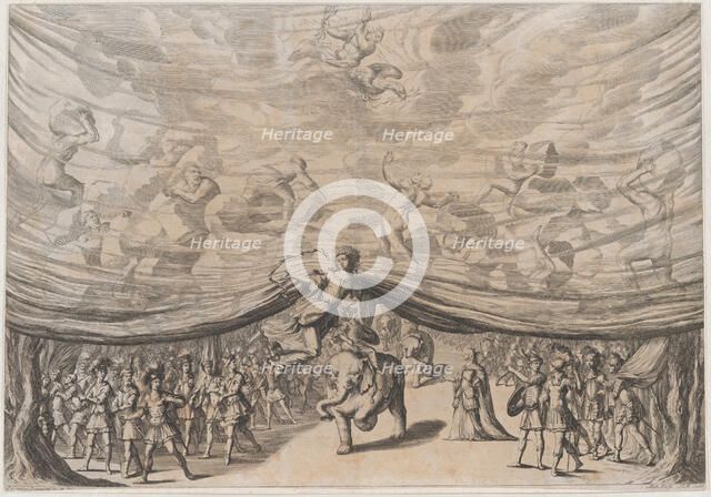 Prologue; the stage curtain is lifted to reveal a soldier on an elephant surrounded by his..., 1678. Creator: Mathäus Küsel.
