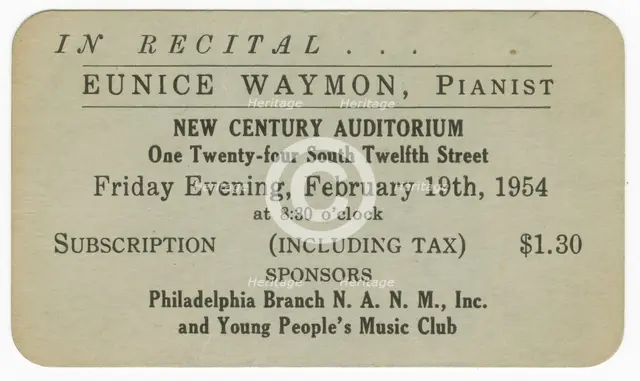 Promotional card for a piano recital given by Eunice Waymon (Nina Simone), 1954. Creator: Unknown.