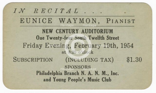 Promotional card for a piano recital given by Eunice Waymon (Nina Simone), 1954. Creator: Unknown.