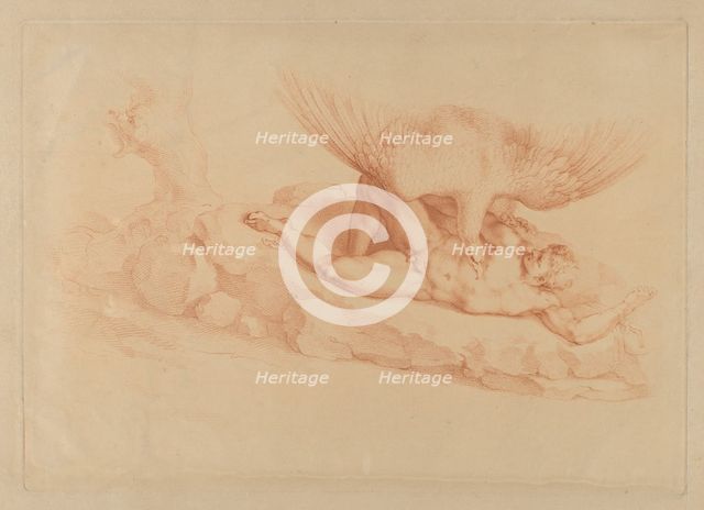 Prometheus, naked, chained to a rock, looking up at an eagle standing over him, 1795. Creator: Francesco Bartolozzi.