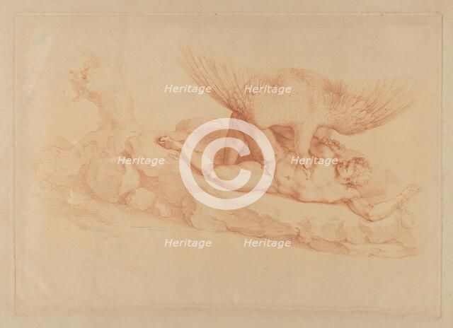 Prometheus, naked, chained to a rock, looking up at an eagle standing over him, 1795. Creator: Francesco Bartolozzi.