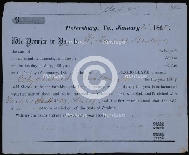 Promissory note for hire of slave Cely and two children, 1865-01-02. Creator: Unknown.